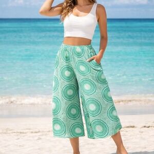 YOA Green White Wide Leg Capri Pants One Size Rayon Boho